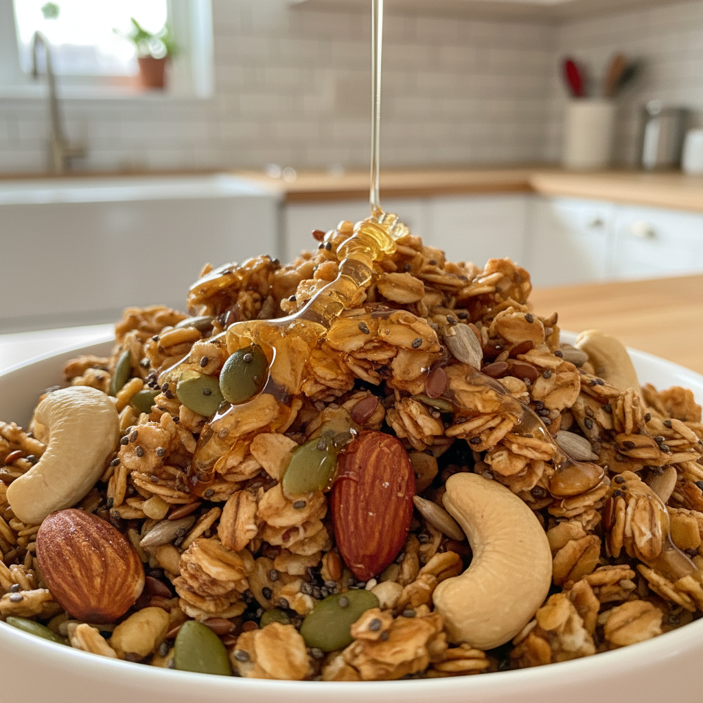 Granola su medumi ir sveikais ingredientais arti